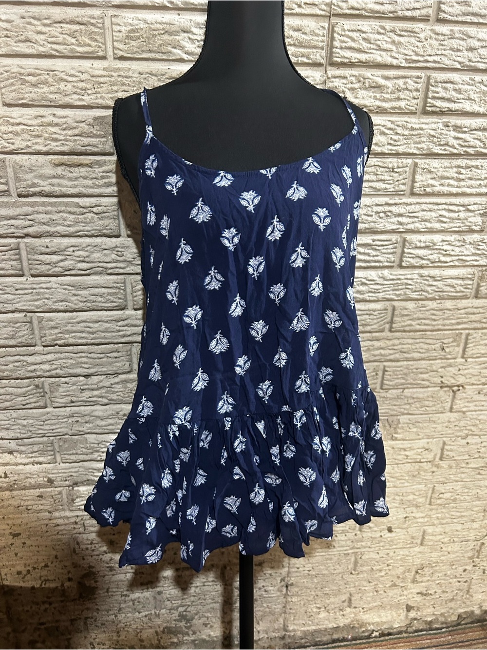 Women's Navy Blue Floral Spaghetti Strap Tank Top Peplum Size L Tall Adjustable